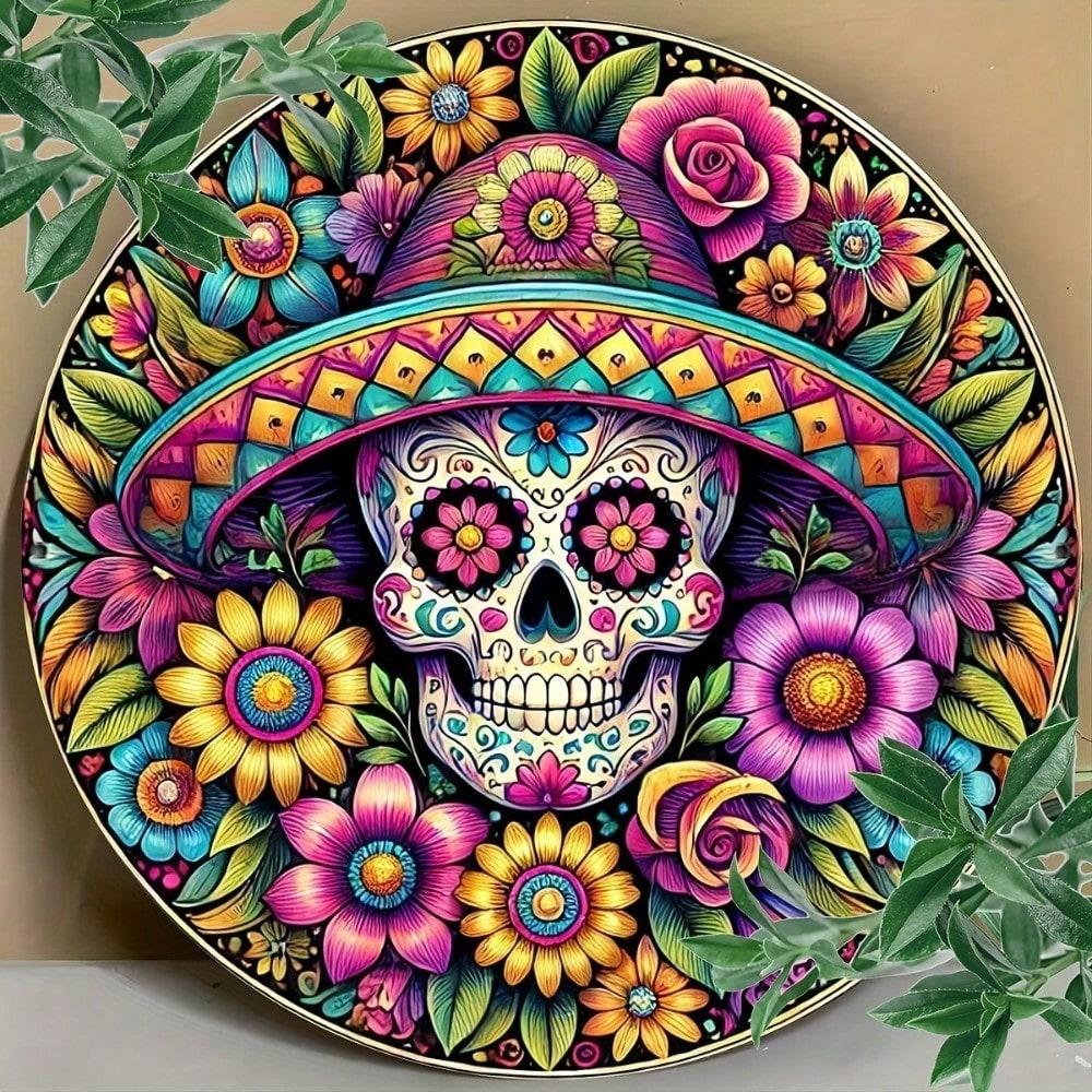 Day of the Dead Sugar Skull Metal Sign 8x8 Waterproof Aluminum Wall Art Vintage Halloween Decor for Home Garage Bar Cafe