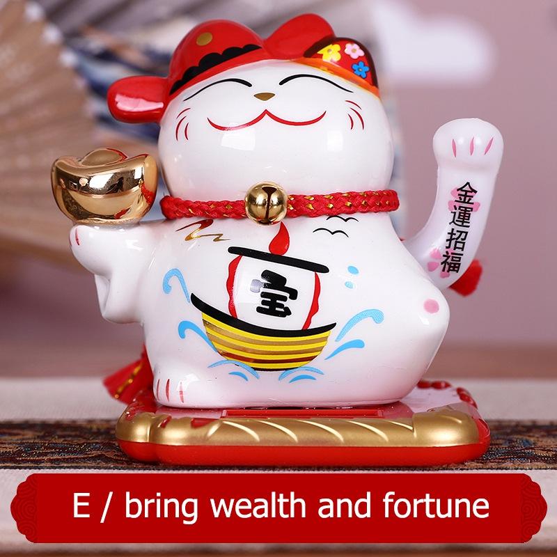 Ceramic Lucky Cat Ornament Maneki Neko Beckoning Fortune Cat Home Car Decoration Gift Wealth Waving Arm Cat Solar Powered