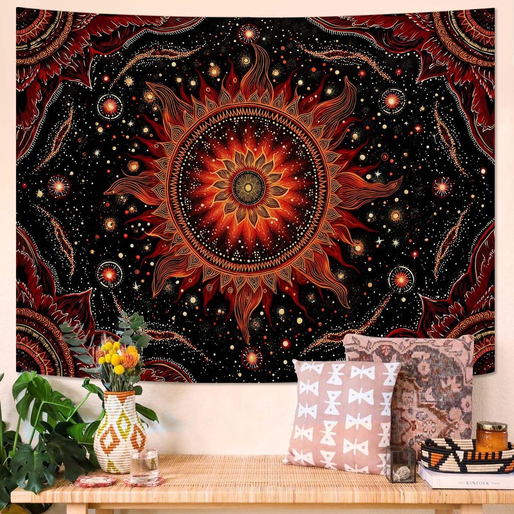 Black & Gold Mandala Tapestry, Elegant Wall Hanging with Intricate Golden Floral Pattern On Black Background, for Bedroom Decor