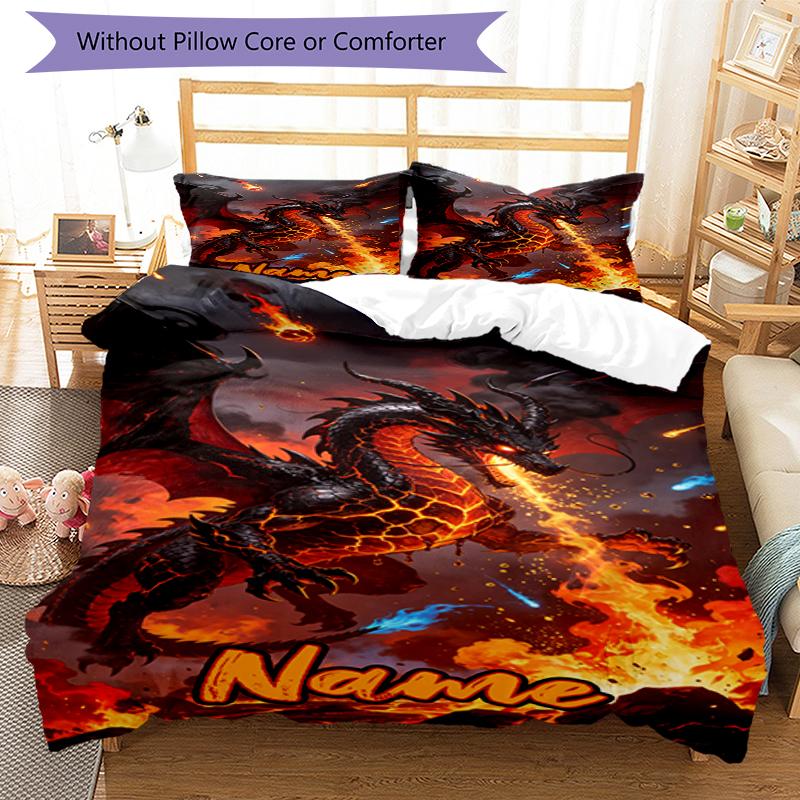 Ensemble de literie Dragon avec nom personnalisé 3 pièces Housse de couette Fermeture Comprend 1 housse de couette et 2 taies d'oreiller, Doux et confortable pour toutes les saisons.