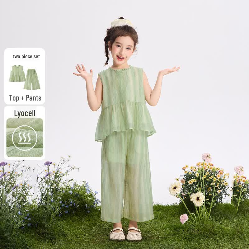 Girls  Sleeveless Lace Casual Wide-Leg Pants Set 150