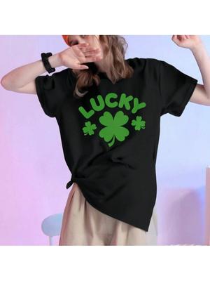 Clover Print Casual T-Shirt For St. Patrick's Day - Soft , Round Neck, Short Sleeve, Hine Washable, Pink With Green Four-