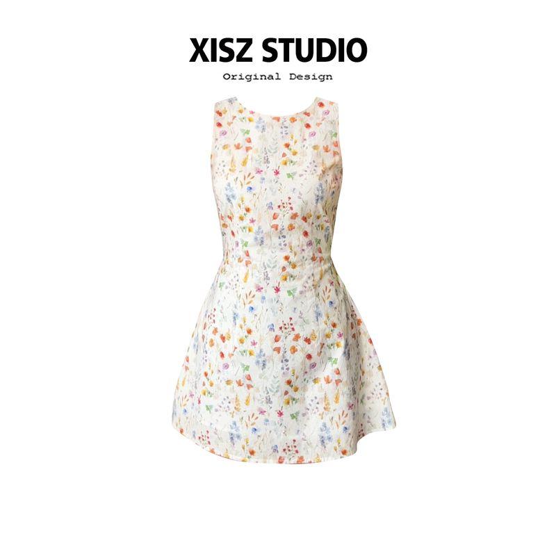 

Design Floral round Neck Sleeveless Dress Women Summer Super Nice Beautiful Waist Hugging Slim fit A Word Short Skirts Colorful Dress S