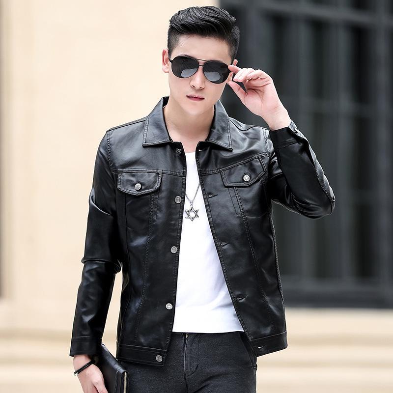 Neue Herbst Herren Slim Fit Koreanischer Stil PU Lederjacke mit Fake-Tasche