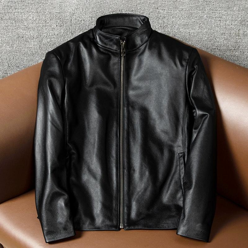 New Autumn Winter Genuine Leather Jacket Men Slim Fit Stand Collar Short Casual Simple Coat