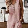 Button-down Front with Pocket Jumpsuit, Summer Casual Solid-color Sleeveless Jumpsuit