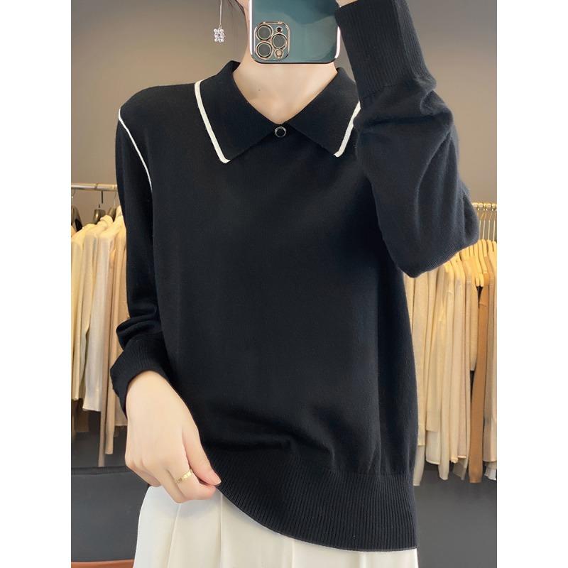 

Молочная одежда 24 осенне-зимний свитер с воротником поло, новый лацкан, большой размер, женский топ, женский низ, вязаный свитер XXL чёрный