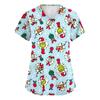 Women's Stylish V-Neck Short Sleeve Work Top with Pockets, Printed Caregiver Uniform Shirt