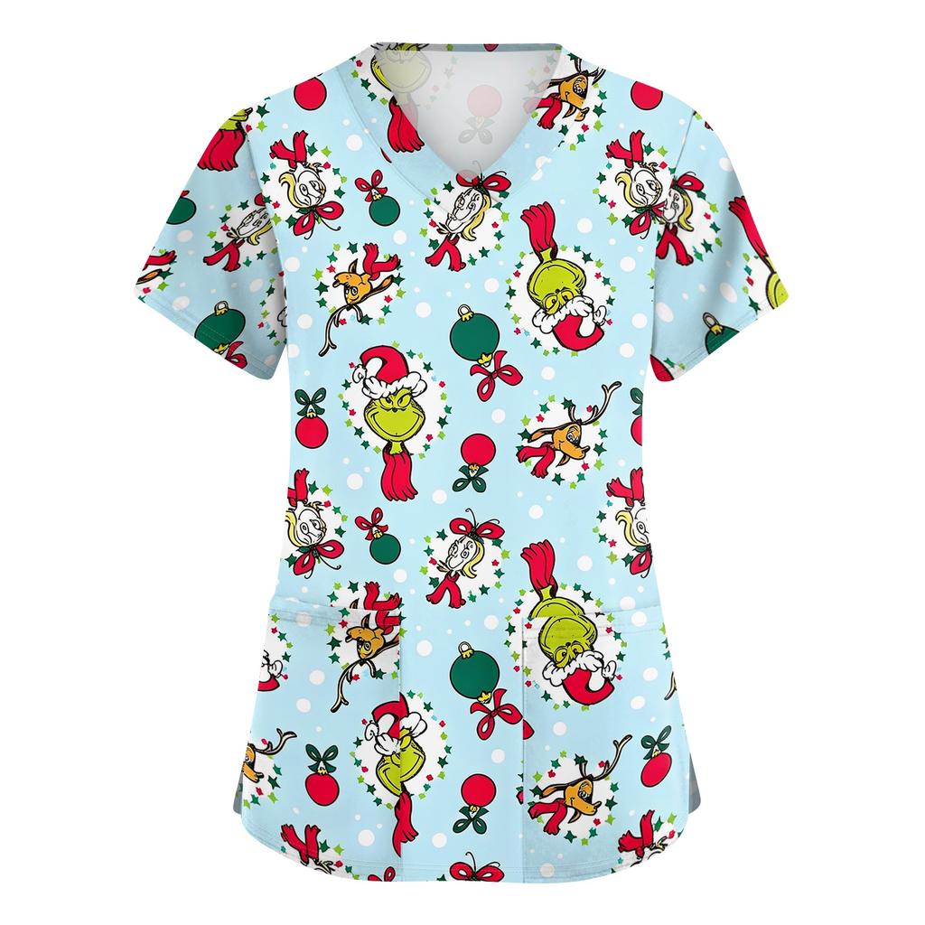 Women's Stylish V-Neck Short Sleeve Work Top with Pockets, Printed Caregiver Uniform Shirt