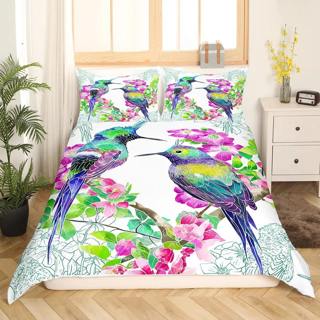 Hummingbird Duvet Cover Set Full Size Girls Garden Birds Farmhouse Flower Floral Bedding Set Hummingbird Lovers Comforter Cover
