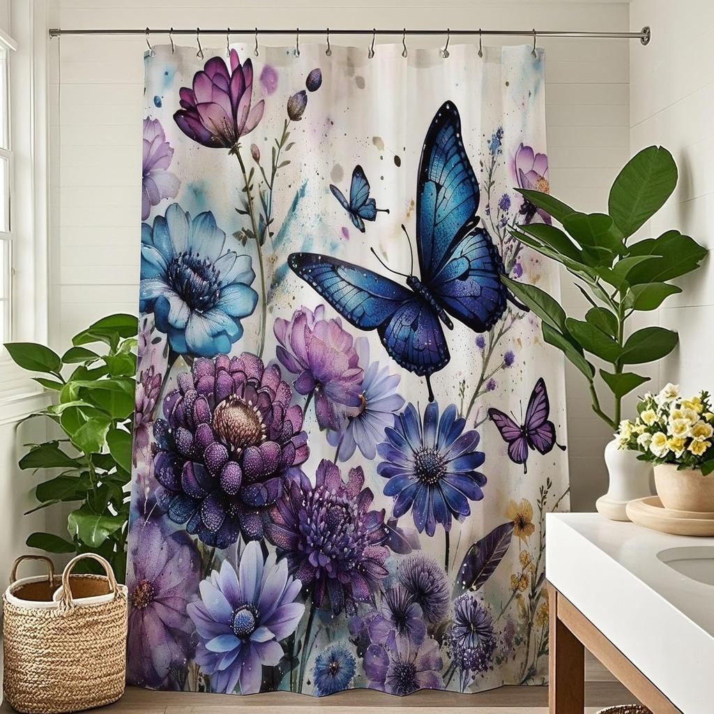 Purple Flower Butterfly Shower Curtain Vintage Floral Shower Curtains Set For Bathroom Aesthetic Violet Lilac Daisy Rustic Bath