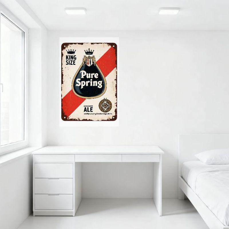 Vintage Pure Spring Ginger Ale Metal Tin Sign Cream Background Red Stripe Rust Spots King Size GS Monogram Retro Bar Cafe Man Ca
