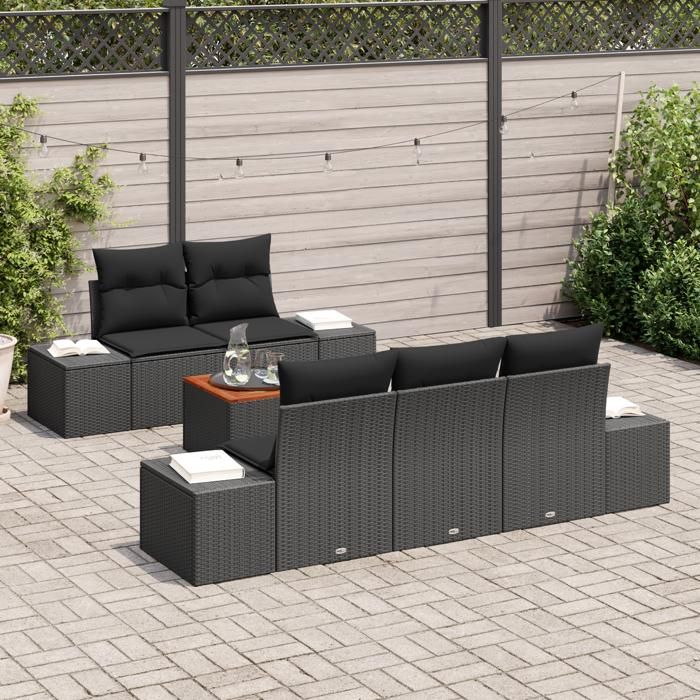 VidaXL Ensemble de 6 Canapés de Jardin avec Coussins Noirs en Rattan Poly Acacia 3347898