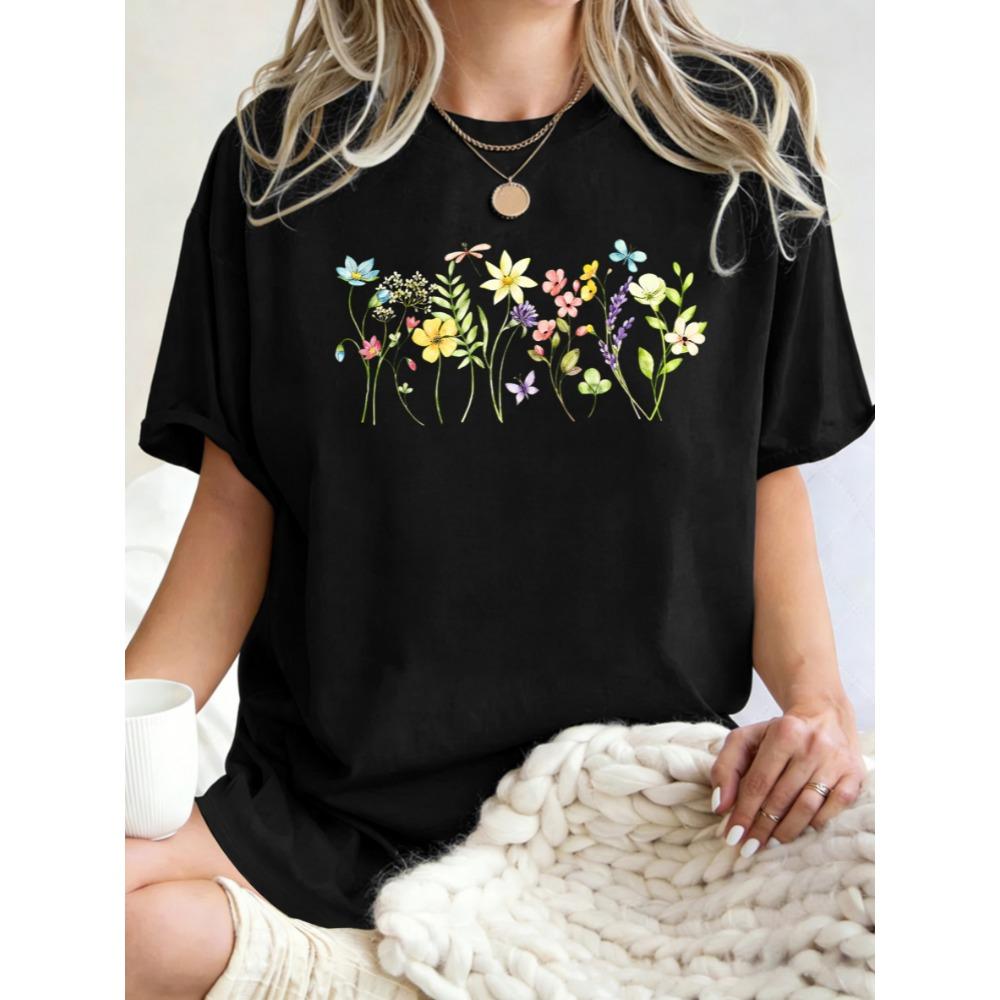 Flowers Attract Dragonflies Design Women T Shirts Hip Hop Crewneck T-Shirt Cotton Summer Clothes Casual Oversize Y2K