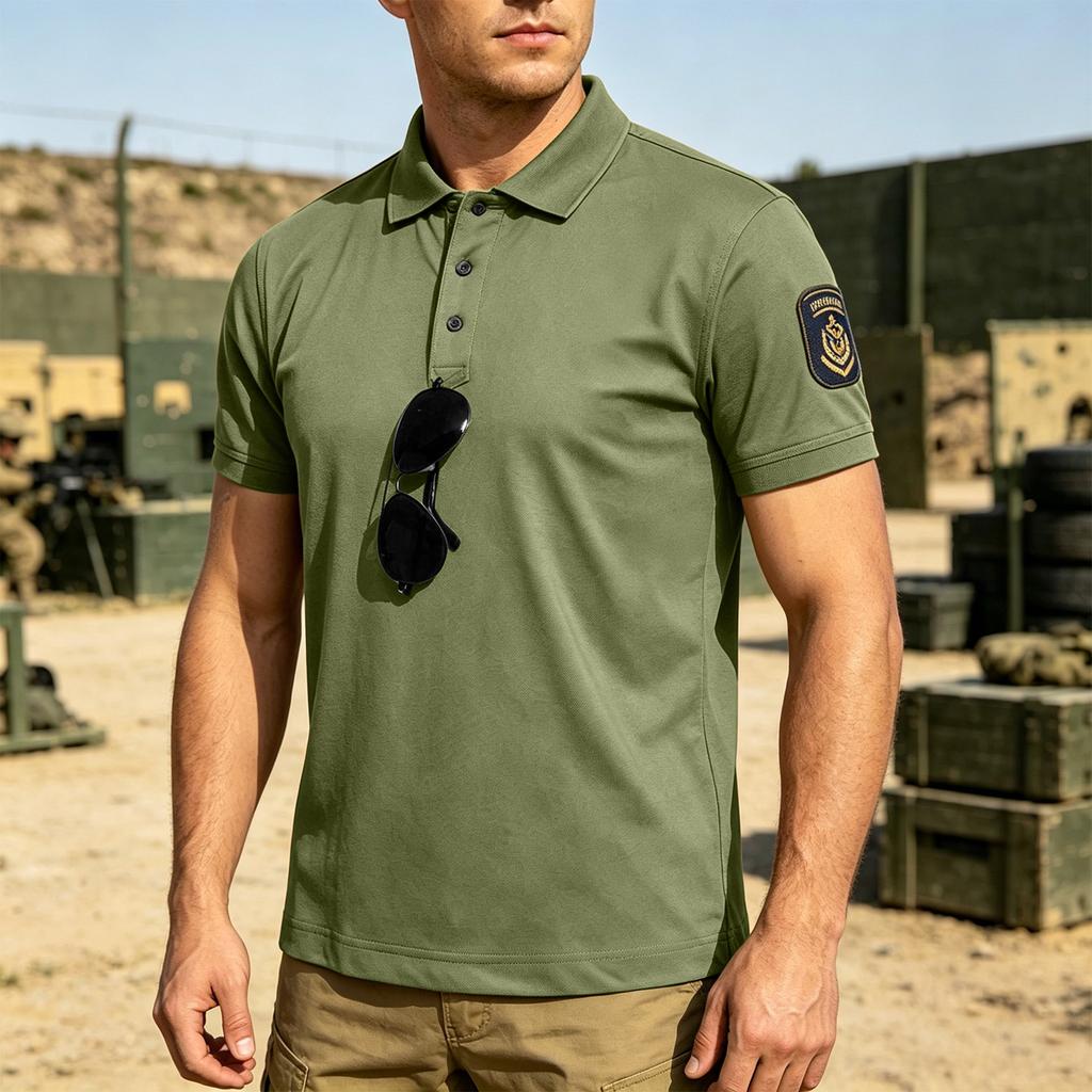 Men's Tactical Quick Dry Polo Shirt Loose Fit Breathable Outdoor Short Sleeve Shirt with Hook and Loop Collar for Casual Use
