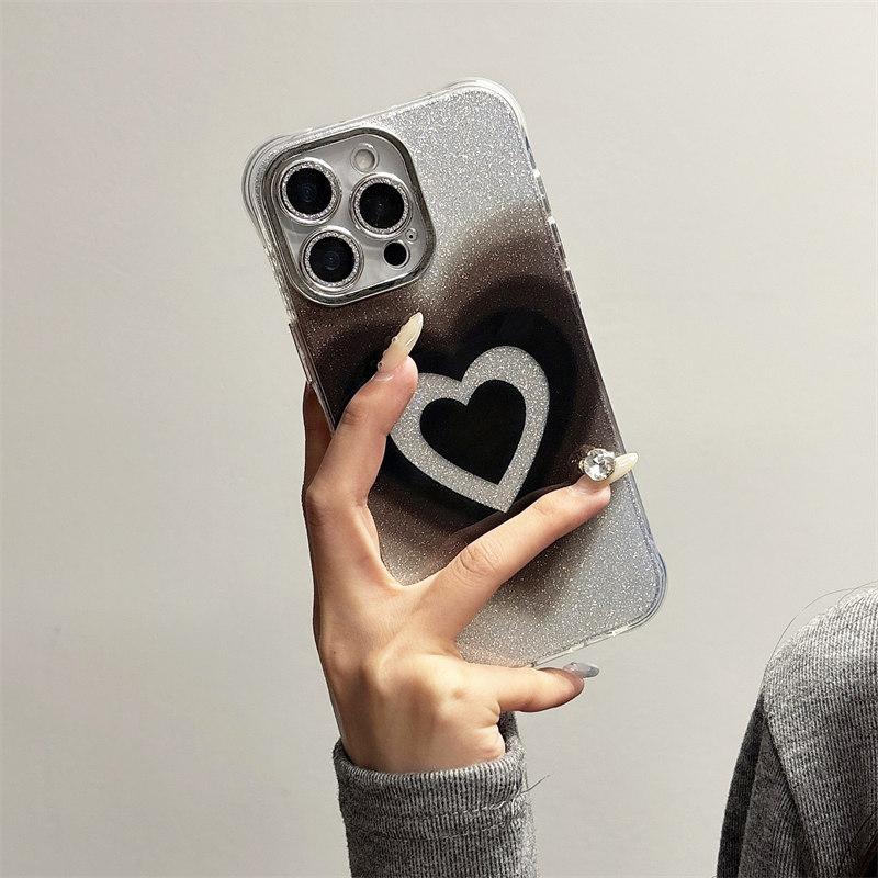 Stilvoller schwarzer Farbverlauf Liebesherz Glitzer mit Kameraglasfolie Handyhülle für iPhone 16 15 14 13 12 11 Pro Max Plus