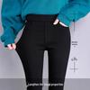 Women's Black High-Waisted Slim-Leg Pants - Velvet Lined, Elastic Waist, Tight-Fit, Petite, Ideal for Autumn/Winter.