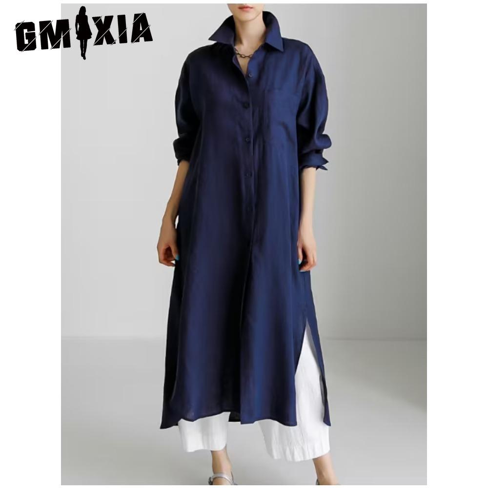 

GMXIA Женское повседневное свободное платье-рубашка с отложным воротником и длинными рукавами XXL темно-синий