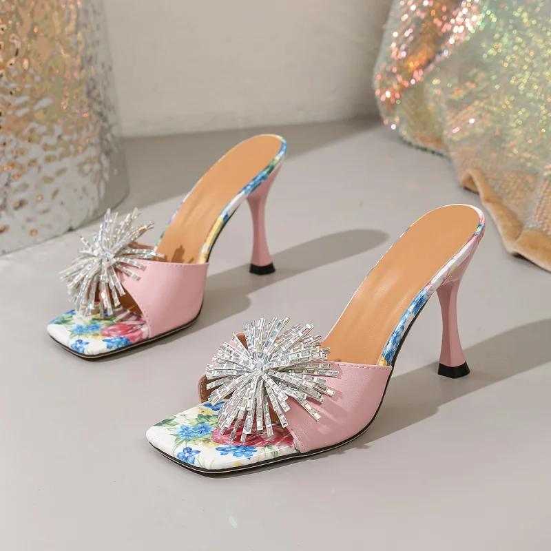 

Eilyken Summer Floral Print Women s Mules Square Toe Thin High Heel Slippers Rhinestone Open Toe Slip on Party Dress Sandals 35 рожевий