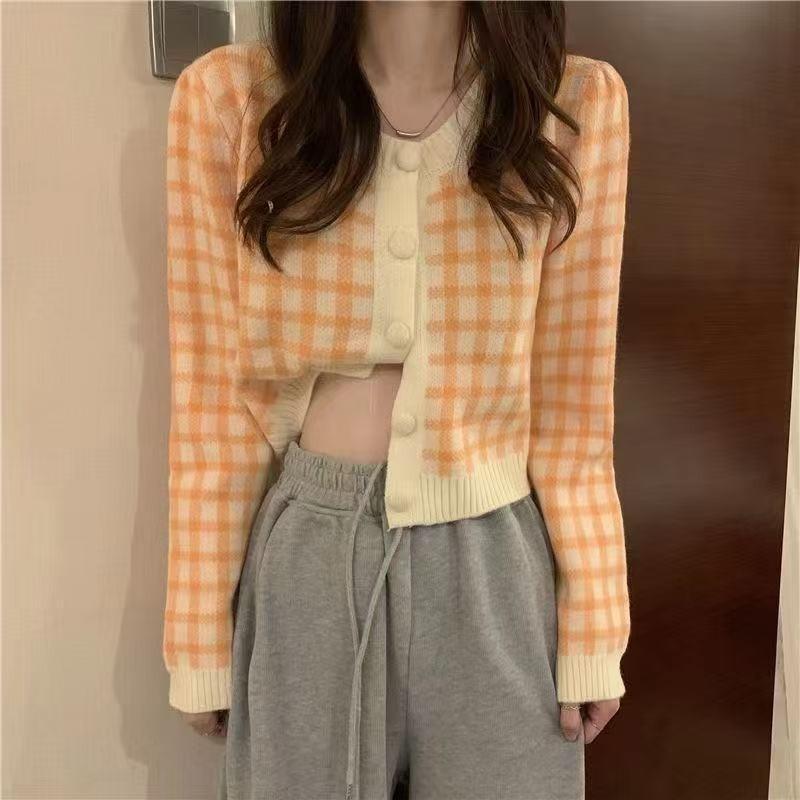 Color Matching Plaid Knitted Cardigan Women's Autumn and Winter Gentle Top Lazy Outside with Short Sweater Jacket Tide