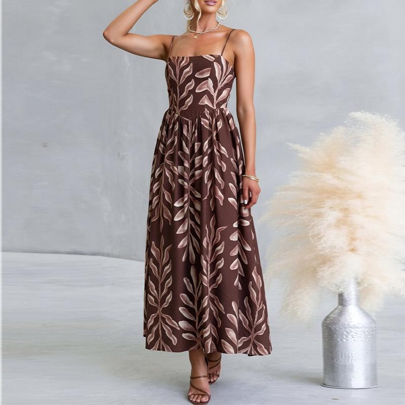 Spring new, stylish and elegant commuter print splicing suspender dress S коричневый