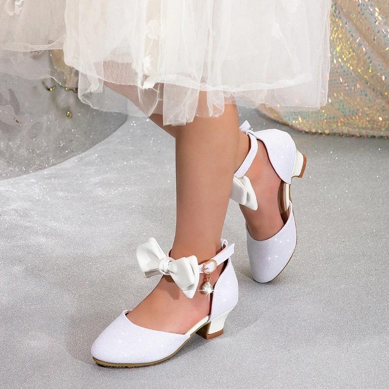 Tacchi Alti per Bambina con Cinturino alla Caviglia Fiocco Sandali da Principessa per Ragazza Dolci Scarpe Versatili Moda Bambini Sfilata