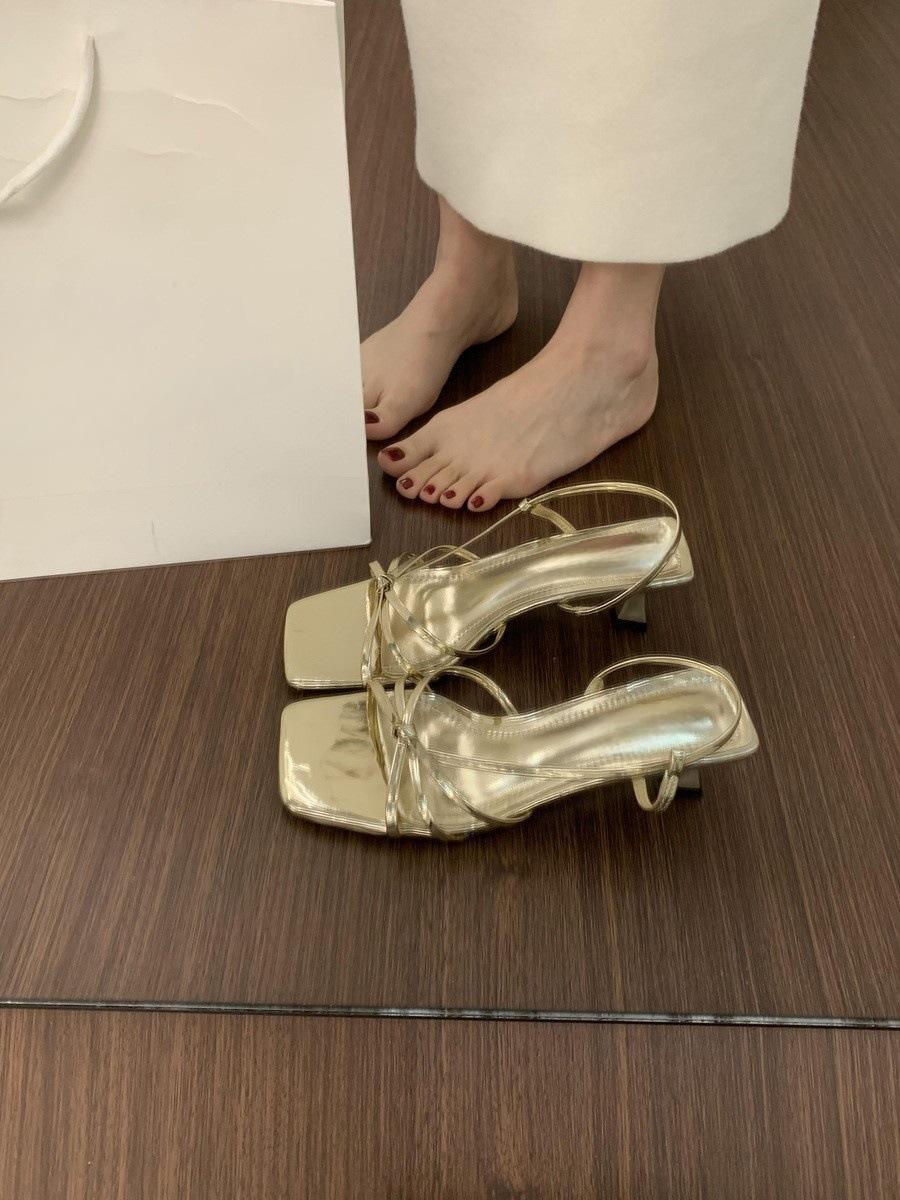 

Fashion 2025 New Elegant French Summer High Heels Nude Pink Cat Heel Square Head Vintage Roman Sandals Rubber Sole Microfiber Materia 35 золотой