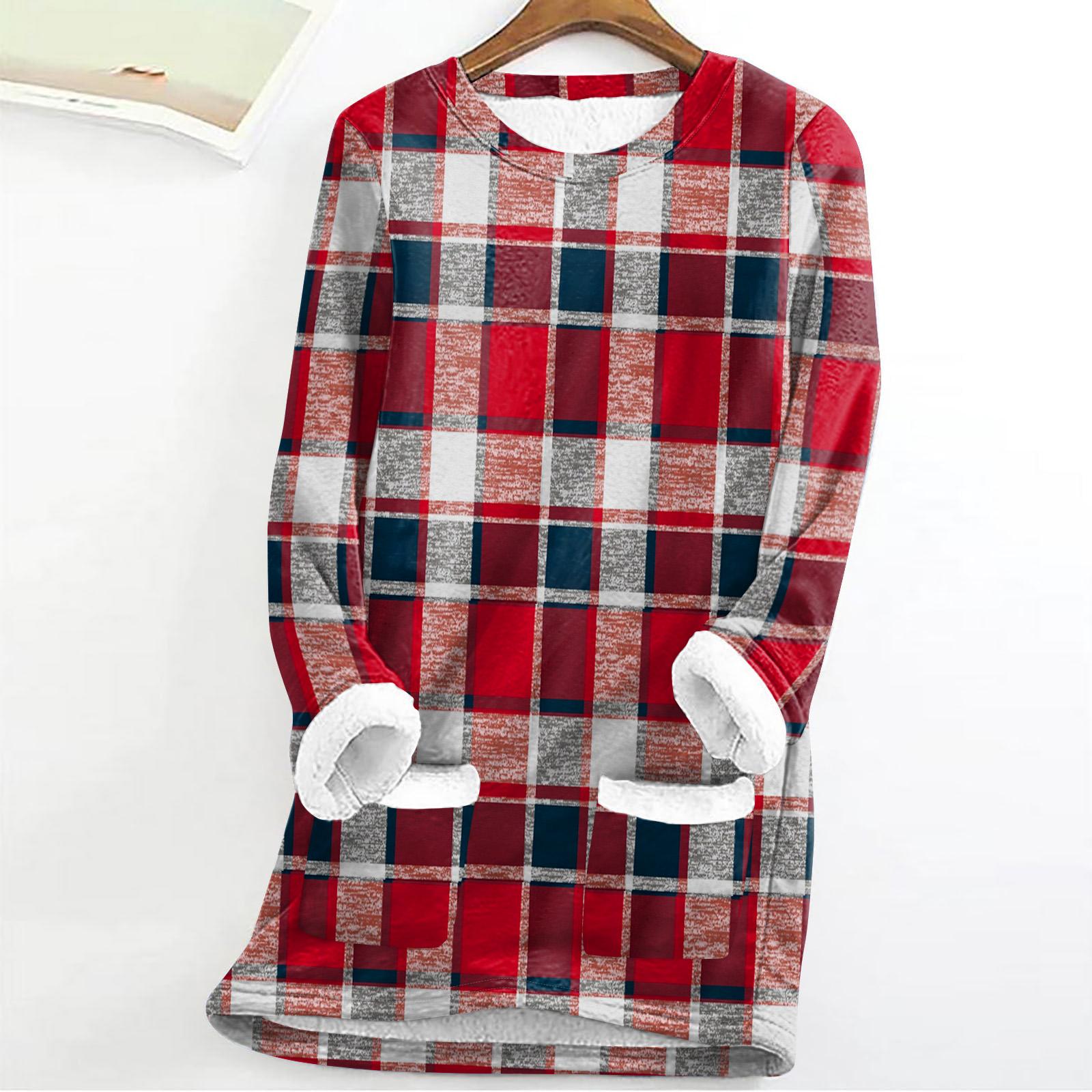 

Женский модный пуловер с круглым вырезом, длинными рукавами и плюшевой подкладкой, теплый, зимний, с принтом в клетку M