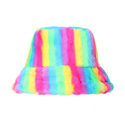 New Thermal Basin Hat Imitation Rabbit Hair Female Internet Celebrity Trend Female Colorful Rainbow Striped Bucket Hat Winter 2025