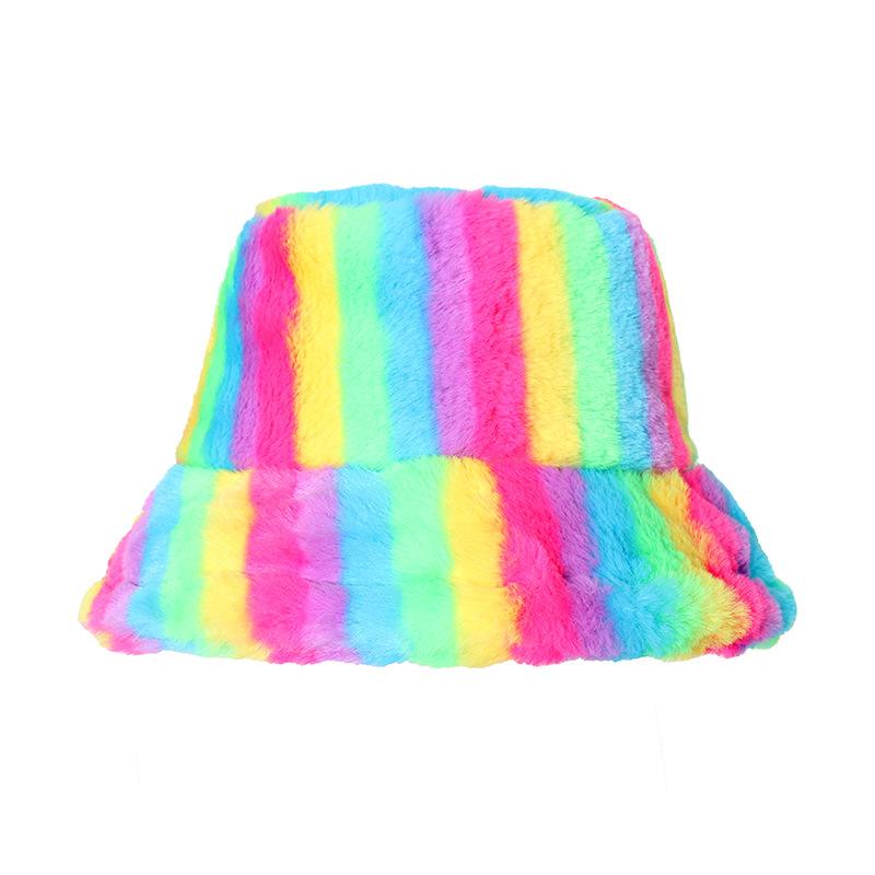 New Thermal Basin Hat Imitation Rabbit Hair Female Internet Celebrity Trend Female Colorful Rainbow Striped Bucket Hat Winter 2025