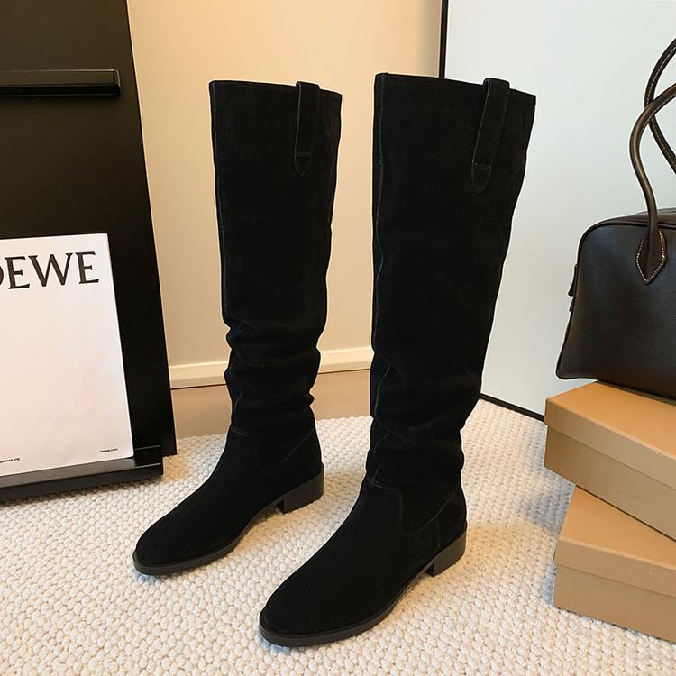 

Soft! Round head thick heel women s boots women s but knee gray knight boots women s pile boots cow flip versatile medium heel tide 34