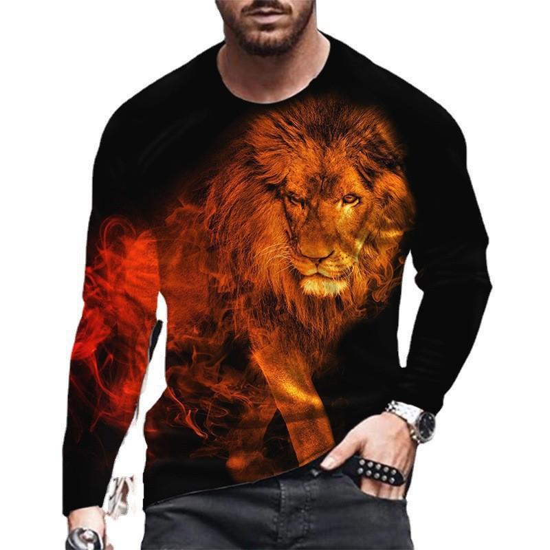Round Neck 3D Tiger Lion Printed Top Casual Long Sleeved Men's T-shirts - Soft Medium Stretch Polyester Fabric Spring and Autumn Relaxed Fit Clothing