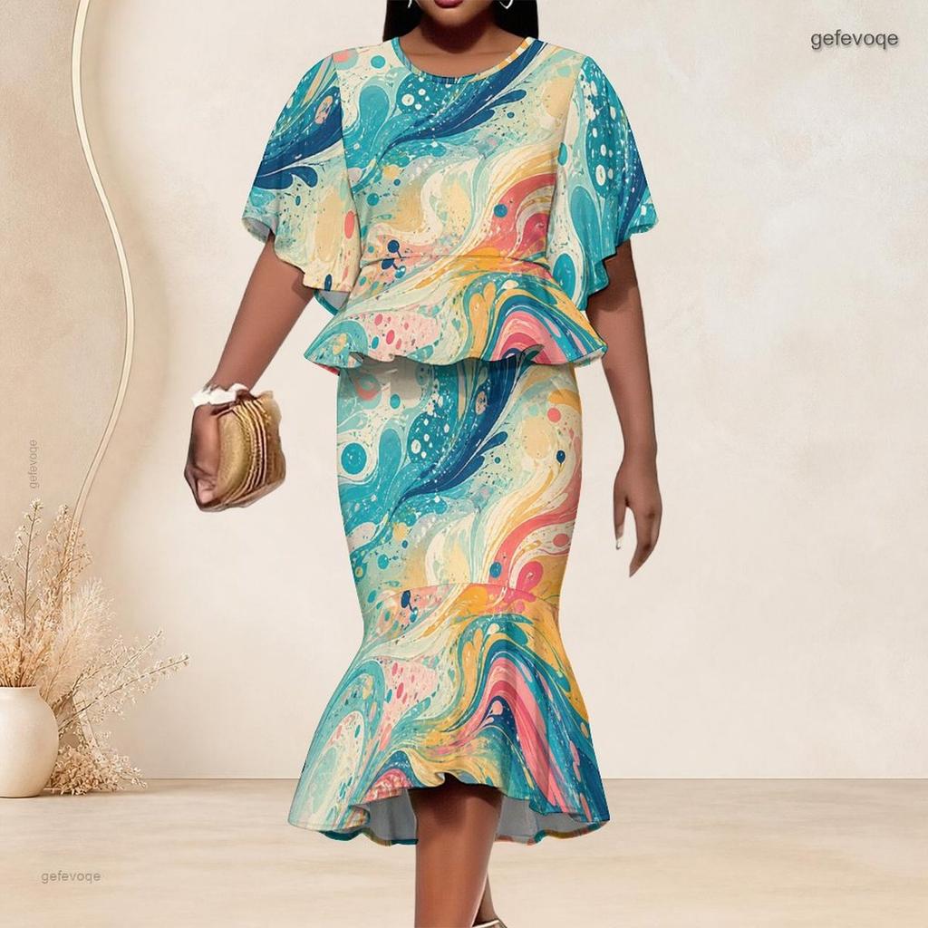 Women Plus Size Printed Round Neck Batwing Sleeve Ruffle Hem Top Fishtail Skirt Two Piece Set