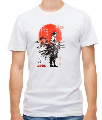 T-shirt Blanc à Manches Courtes Guerrier Samouraï Coucher de Soleil Homme G057