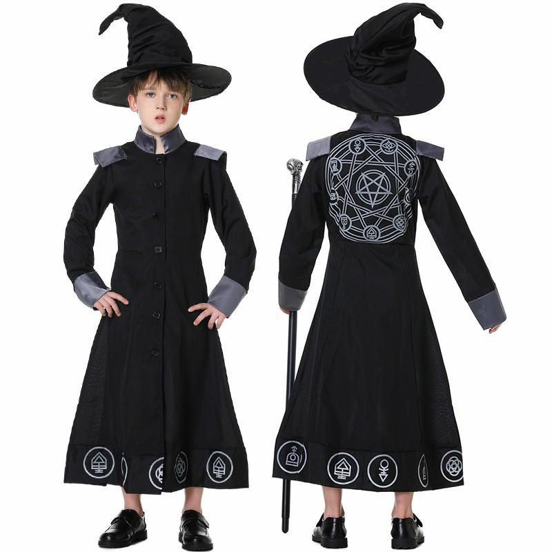 Halloween Costume Robe Wizard Witch Cosplay Outfit Adults Kids Unisex Fantasy Role Play Party Dress