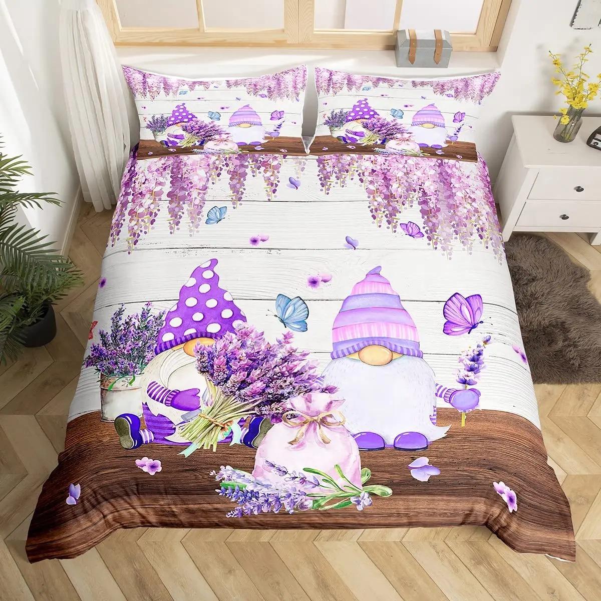 Floral Quilt Cover Purple Lavender Dwarf Duvet Cover King Queen Kawaii Cartoon Gnome Bedding Set Spring Flowers Comforter Cover 135x200cm