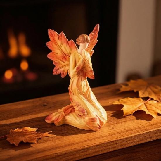 Maple Leaf Female Sculpture, Resin Prayer Angel Statue for Fall Thanksgiving, Home Office, Living Room, Church, Desktop Decoration