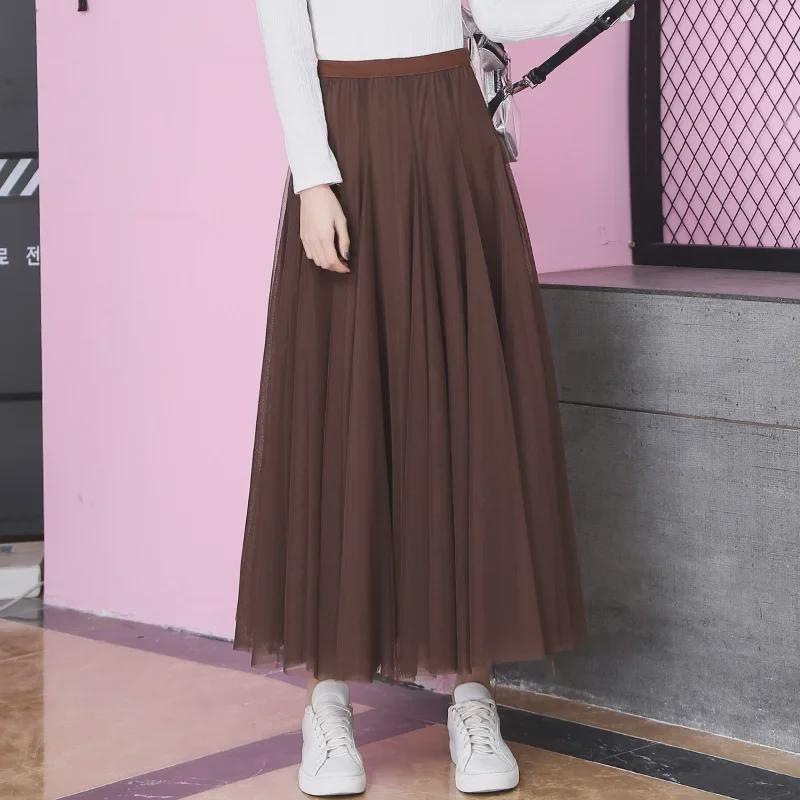 2025 High-Waist A-Line Mesh Skirt: Three-Layer Pleated Fairy Skirt for Spring & Autumn