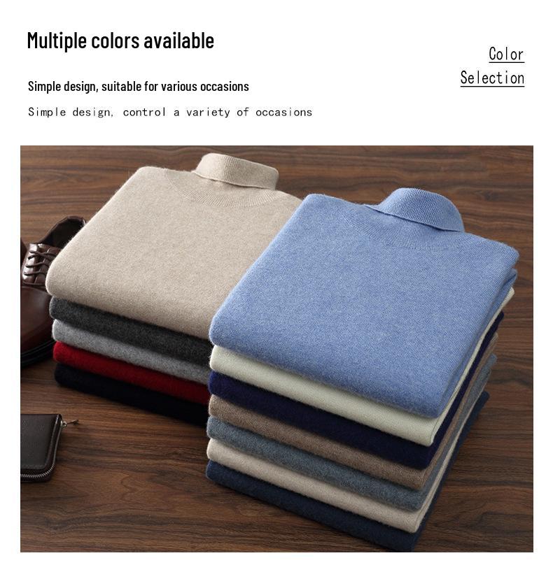Men's High Neck Cashmere Sweater - Solid Color, Long Sleeve Knitwear for Casual and Business Wear