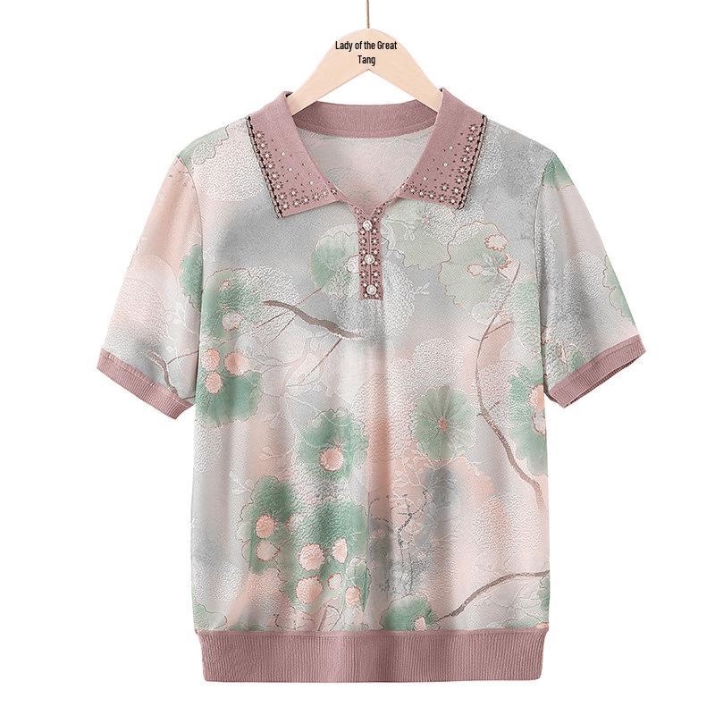 

New Chinese Style Floral Polo Top for Middle-Aged Women 3XL