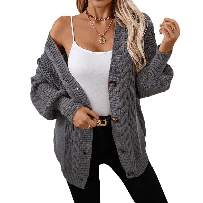 2024 New Autumn/Winter V-Neck Sweater Loose-Fit Casual Knitted Cardigan Women's Knitted Pullovers Cable Knit Style
