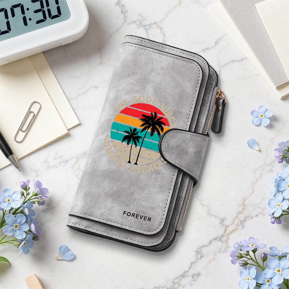 Vintage Palm Tree Purse Good Vibes Summer Paradise Wallet Fashion Casual Card Holder Forever Long Wallet
