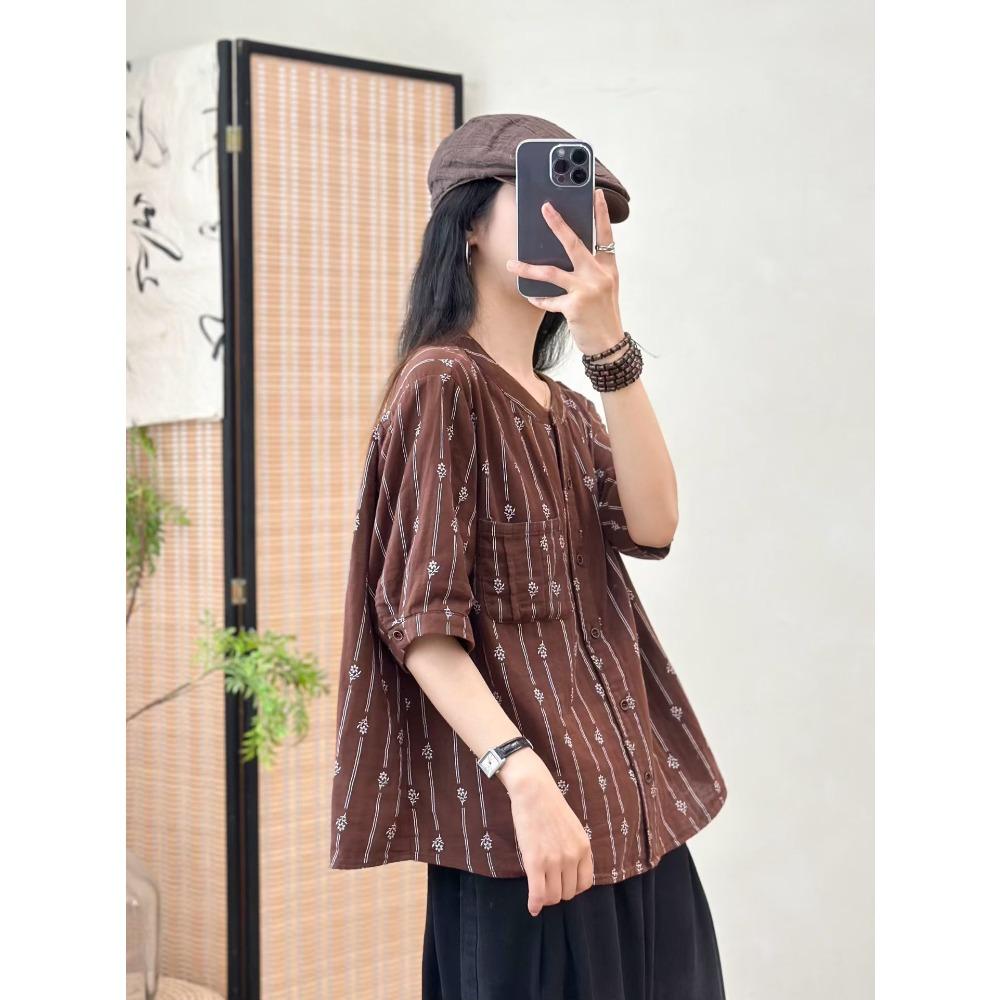 DIMANAF 2026 Plus Size Summer Women Blouse Shirts Tunic Oversize Loose Casual Cotton Linen Lady Tops Vintage Print Floral
