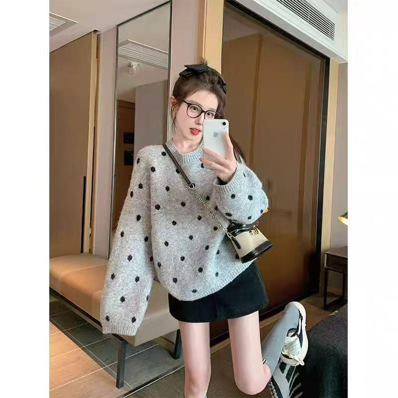 Khaki Polka Dot Pullover Sweater for Women New Autumn and Winter Thickened Loose Casual Lazy Style Sweater