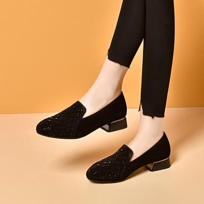 Spring New Leather Versatile Shoes Low Thick Heel Round Head Deep Mouth Casual Single Shoes Non-slip Rhinestones