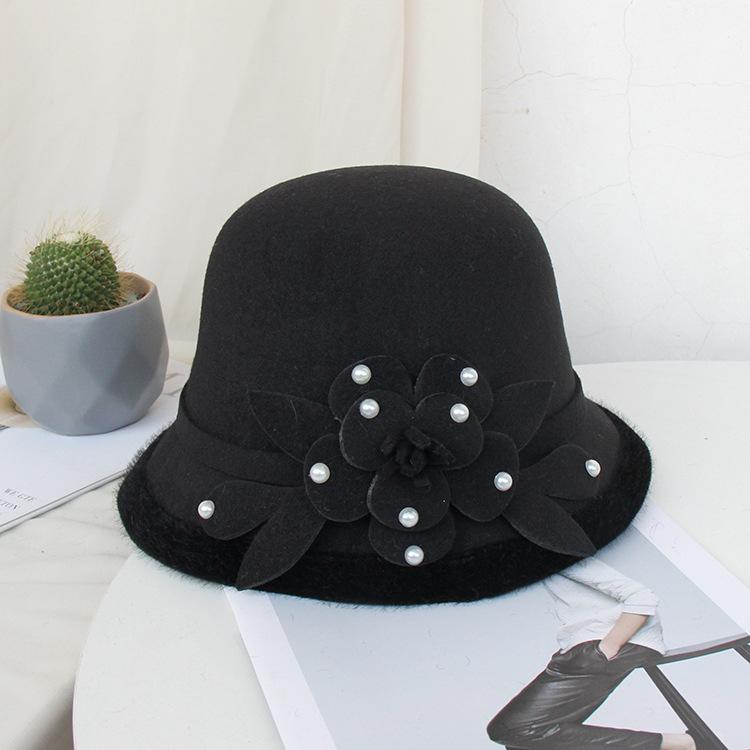 Wool Bucket Hat Ladies Autumn And Winter Leisure Basin Hat Fashion Bead Flower Felt Top Hat