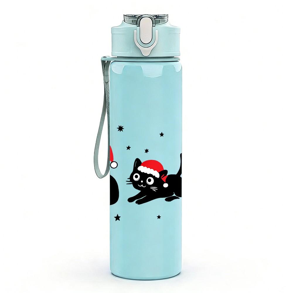 1PC Four Santa Black Cat Cartoon 750ml Color Plastic Sports Water Bottle Leakproof Flip Straw Lid Suitable for Sports Office Home Use