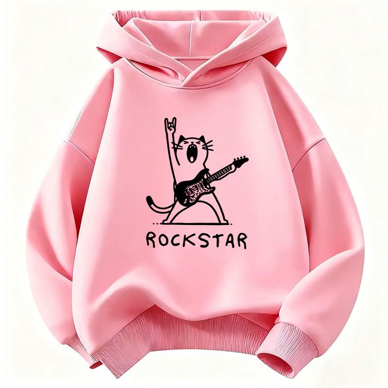 Vintage Rock Star mit Musik-Katzen-Design Kapuzenpullover Kinder Katze Kinder-Sweatshirt Hoody für Jungen Mädchen Hip Hop Freizeit-Hoodies 130 rosa