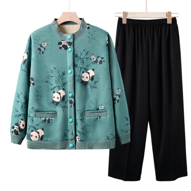 Middle-aged and Elderly Knitted Sweater Fleece Suit Female Grandmother Autumn and Winter New Cardigan Thickened Sweater Mother Autumn Cardigan
