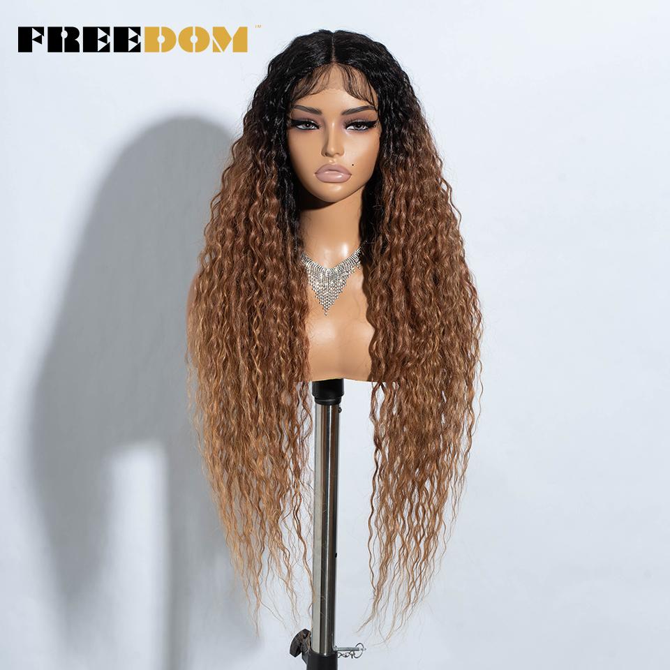 FREEDOM Synthetic Lace Front Wigs 34 Inch Super Long Curly Lace Wigs For Women Ombre Brown Lace Front Cosplay Wigs